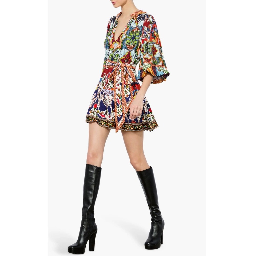 Alice + Olivia Sadie Belted Mini Shirtdress Multi Color Pattern Viscose Size 4 S